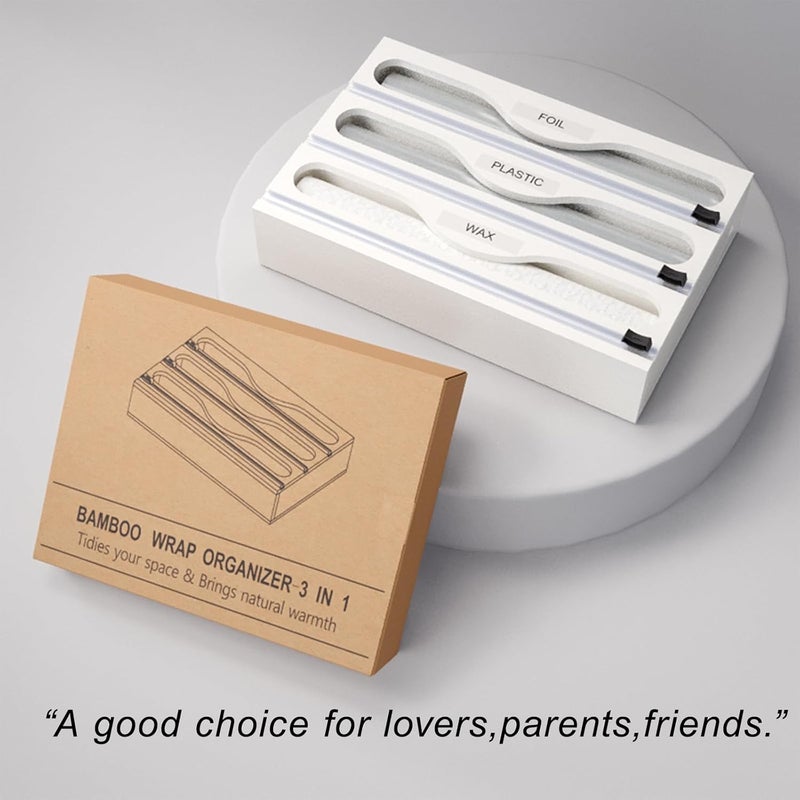 Danfoxer Wrap Dispenser with Cutter and Labels, Plastic Wrap Organizer For Kitchen,Bamboo 3-in-1 Wrap Dispensers for Cling Wrap Aluminum Foil and Wax,Storage Organization Holder（White） - Image 5